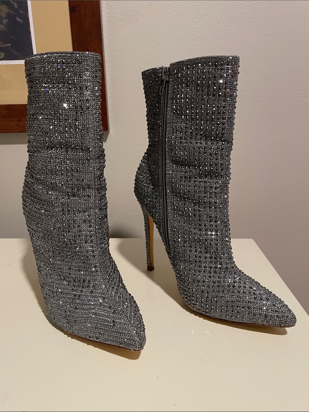 Glaze Sparkling Silver Ankle Stiletto Boots 7.5